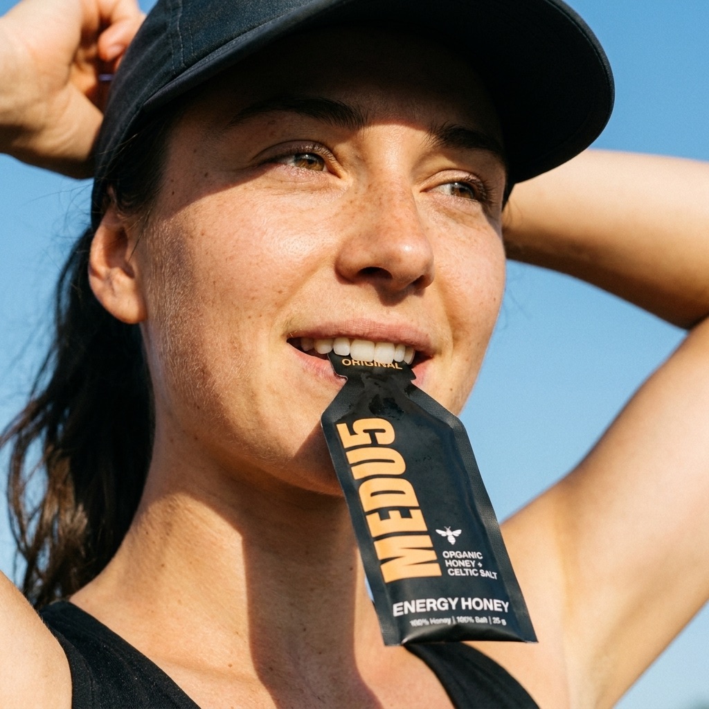 Athlete taking a MEDU5 gel from a running vest